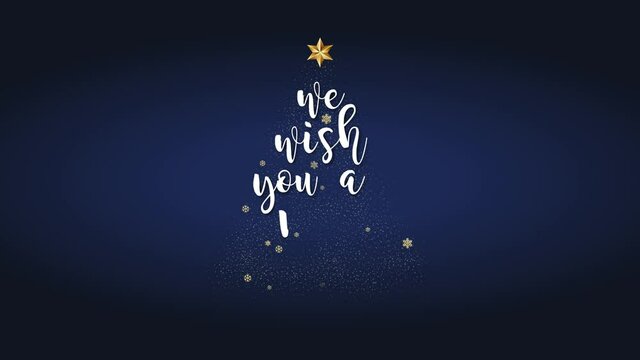 Christmas animation. We wish you a Merry Christmas and happy New Year. Christmas Tree with Quote and golden snowflakes on dark blue board. Motion graphics.