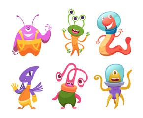 Cartoon aliens. Space monsters freak mysterious funny future comics aliens crazy faces exact vector flat characters in cartoon style