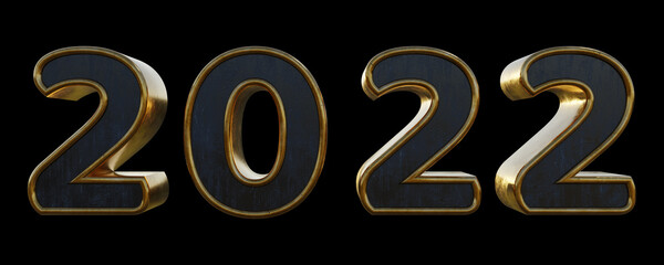 Happy new year 2022 text 3d gold texture with black isolated background. New Year background. 3d illustration rendering