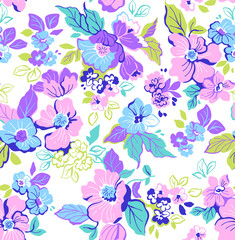 Fototapeta na wymiar Spring flowers print. Vector seamless floral pattern. Floral design for fashion prints. Endless print made of small pastel color flowers. Elegant template. White background. Stock vector.
