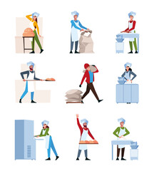 Bread production. Industrial fresh bakery food making professional chef healthy products from wheat garish vector flat pictures set