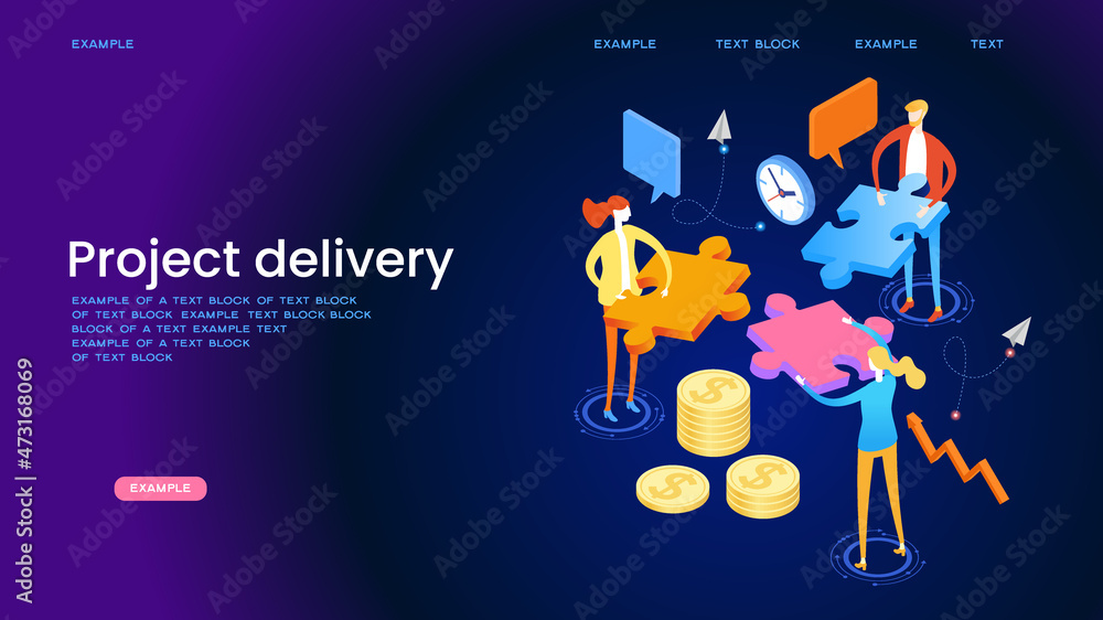 Poster page template of project delivery. modern 3d isometric vector illustration of web page design.