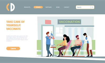 Vaccination landing. Medical covid prevention company people treatment doctor nurse making vaccine in hospital garish vector web page template