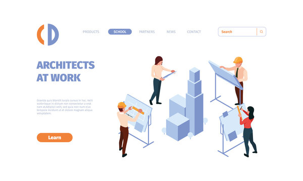 Architects landing. Engineers and designers working 3d real estate template garish vector web page with isometric pictures