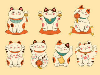 Maneki neko. Chinese authentic character asian lucky cat belling gifts recent vector stylized animals