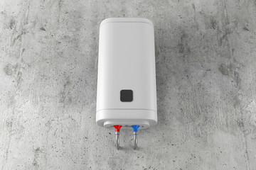 White Electric Water Heater on the Concrete Wall - 473169054