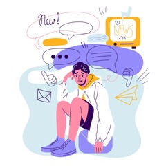 Information people panic. Scared sad guy sitting surrounded spam, depressed stressed man, chaotic data flow, tv and internet endless news, social media addiction, vector isolated concept