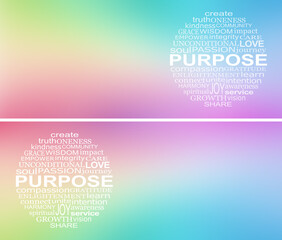 Obraz premium Words associated with PURPOSE Word Circle Web Banner - beautiful rainbow coloured background with a circular word cloud relevant to life's purpose activities, with copy space 