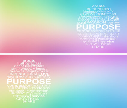 Words associated with PURPOSE  Word Circle Web Banner -  beautiful rainbow coloured background with a circular word cloud relevant to life's purpose activities, with copy space 
