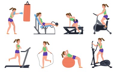 Woman at sport gym. Athletic girl works out on different simulators, fitness activities and body training, healthy lifestyle, athletic female character vector cartoon flat isolated set