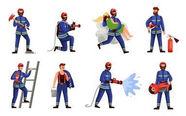 Fototapeta na wymiar Firefighters situations. Firemen saving people and pet, men with hose, extinguisher fighting fire, emergency profession, dangerous hard work, rescue service, vector cartoon flat set