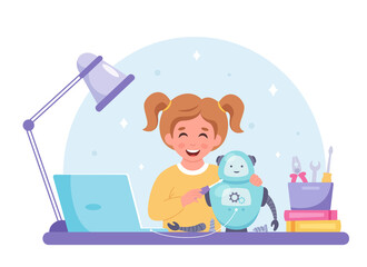 Little girl building a robot. Robotics, programming and engineering for kids. Vector illustration