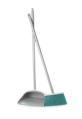 Plastic broom and dustpan on white background