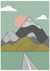 Scandinavian landscape. Minimalist mountains, sun, road, sky, clouds. Winter mountainscape. Geometric abstract waves. Simple lines. Pastel nature colors. Hygge lagom poster. Vector illustration