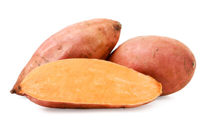 Sweet potatoes whole and sliced on a white background. Isolated