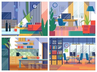 Home workplace interiors. Living room creative design. Office cabinet workspace with tables chairs and sofa. Different variants of flat furnishings. House furniture. Vector apartments set