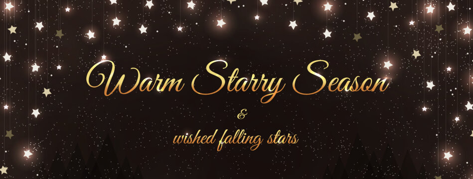 Christmas starry night greeting banner design with glittering golden lights stars with copy space for editable text