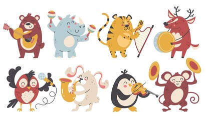 Animals play music. Happy wildlife characters with different musical instruments. Cartoon wild artists. Band sounds. Woodland creatures orchestra performance. Vector funny musicians set