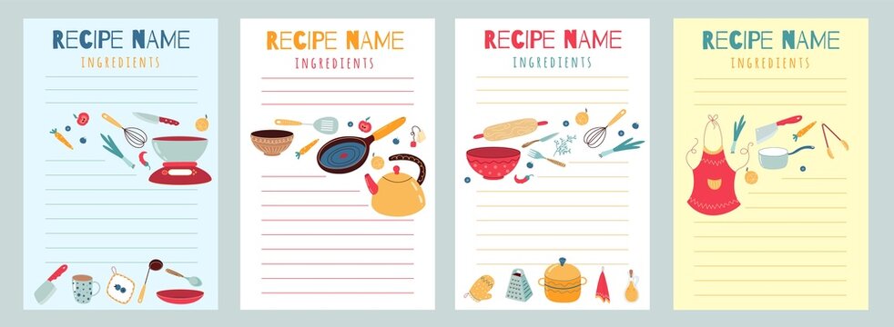 Culinary recipe cards. Cookbook pages with kitchen elements and layout for writing. Blank templates for listing of ingredients and instructions. Vector food preparation manual sheets set