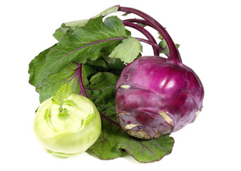 Fresh Vegetables - Purple and White Kohlrabi isolated on white Background.