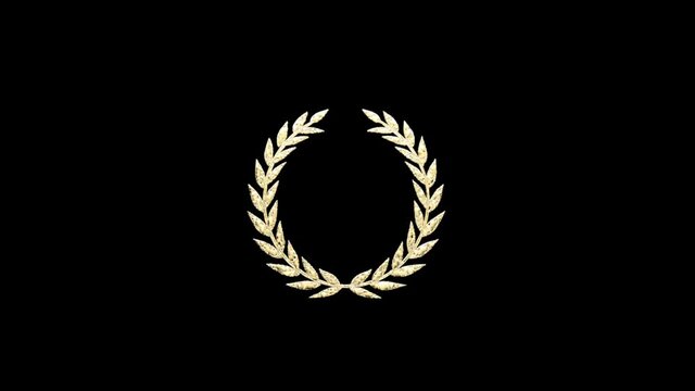 Golden laurel wreath rotates on a dark background with volumetric light effect.