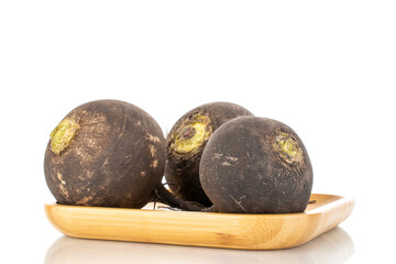Three ripe organic black radishes on a wooden tray, close-up, isolated on white.