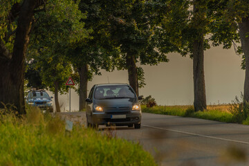 Obraz na płótnie Canvas Passenger cars on alley road with leaf trees in sunset summer evening