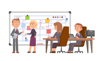 Team planning week. Business characters, company employee office meeting. Schedule calendar, project tasks. Time management decent vector concept