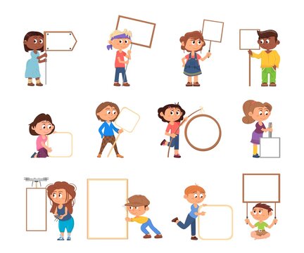 Kids holding banners. Kid hold signs, students with placards. Cute cartoon children and direction arrow, characters with blank posters decent vector set