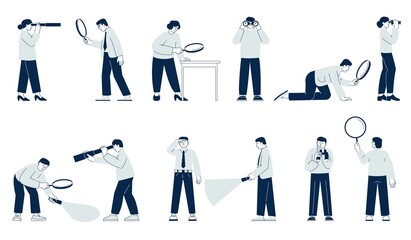 People searching. Talent recruiting, corporate person looking employee. Company characters, new horizons or ideas finding, recent vector set