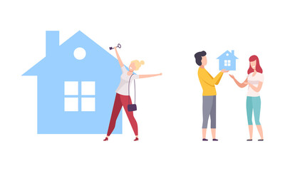 People Character Choosing and Buying House Moving to New Dwelling Vector Set