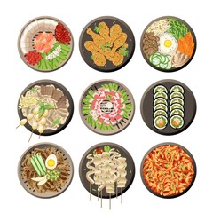 Korean dishes top view. Seaweed dumpling, food fish. Breakfast lunch meals, vegetarian asian soup and sauces. Oriental traditional buffet swanky vector set