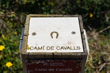 Camí de Cavalls sign in Menorca, near Sa Falconera point of view, Balearic Islands, Spain