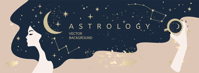Vector astrology and mystical banner template. Woman face with long hair and hand holding the cup of coffee, gold stars and moon symbols - obrazy, fototapety, plakaty