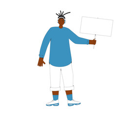 Young man holding blank banner.