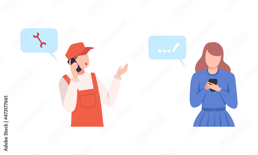 Poster man and woman with smartphone calling and typing message vector set