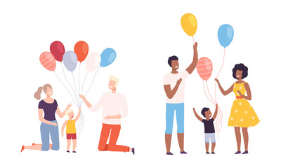 Naklejka premium Family Weekend with Mother and Father Walking with Kids Holding Bunch of Colorful Balloons Vector Set