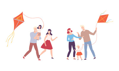 Happy Family with Kid Walking Flying Kite Vector Set