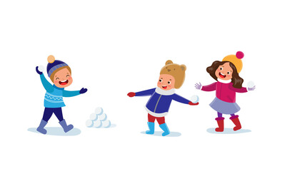 Vector kids playing snowball at winter outdoors