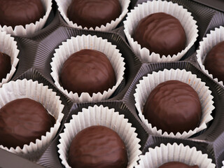 Chocolate candies in a box.