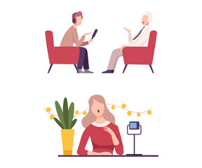 Man and Woman Journalist Interviewing People Character Vector Set