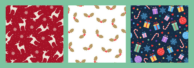 Vector set seamless background. Deers and snowflakes , gold holly leaves and berries, Christmas balls. Design for gift wrapping paper, fabric, clothes, textile, wallpaper. 