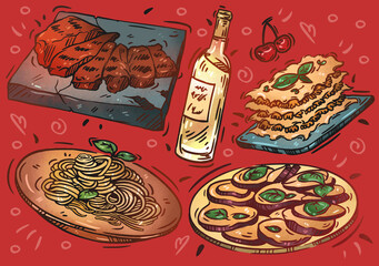 Italian food illustration. Restaurant food collection, eggplant, pasta, grilled meat, lasagna, wine, take away menu design. Vector color doodle set.