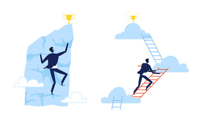 Achieving Goal with Business Man Climbing Mountain and Ladder to Gain Award Vector Set
