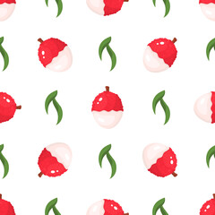 Seamless pattern with fresh bright lychee fruits isolated on white background. Summer fruits for healthy lifestyle. Organic fruit. Cartoon style. Vector illustration for any design.