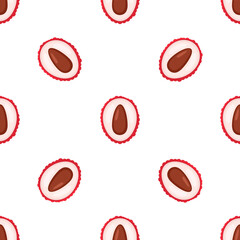 Seamless pattern with fresh bright lychee fruits isolated on white background. Summer fruits for healthy lifestyle. Organic fruit. Cartoon style. Vector illustration for any design.