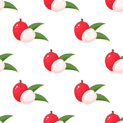 Seamless pattern with fresh bright lychee fruits isolated on white background. Summer fruits for healthy lifestyle. Organic fruit. Cartoon style. Vector illustration for any design.