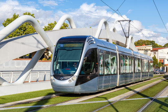 Modern light rail tram model Alstom Citadis public transport transit transportation traffic in Toulouse, France