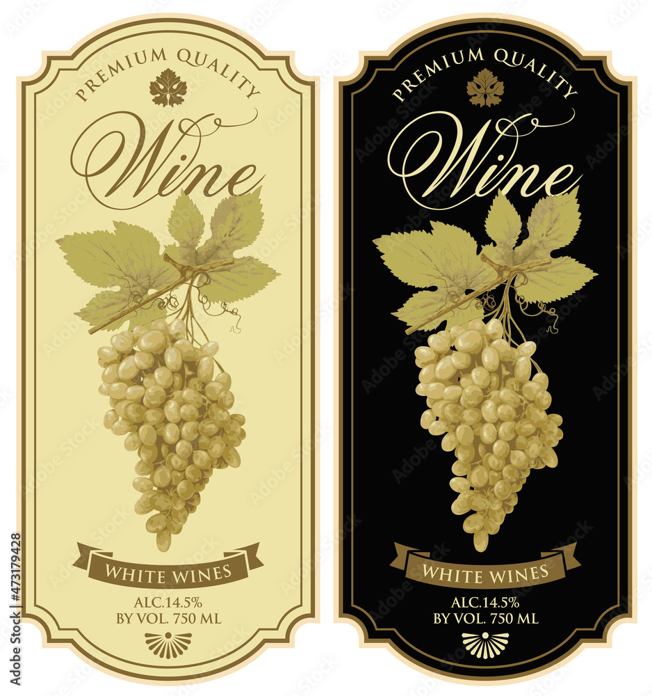 Aufkleber set of vector wine labels with realistic bunches of delicious green grapes and calligraphic inscript