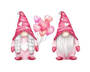 Watercolor gnomes couple, Valentines day illustration. Gnome with hot cocoa mug and with red heart, isolated on white background. Boy and girl Nordic elf in pink hats.